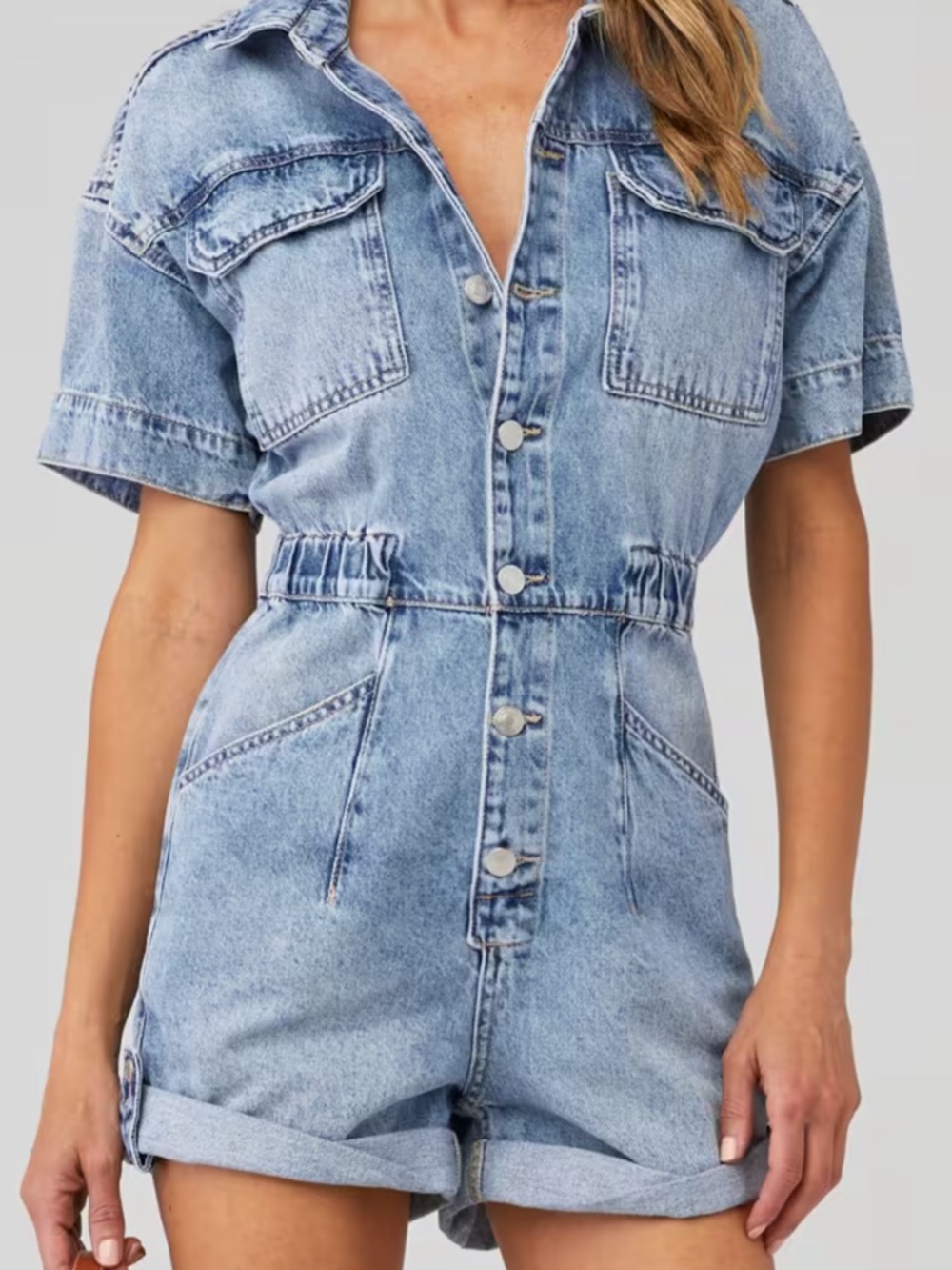 Free People Light Blue Denim Short Jumpsuit
